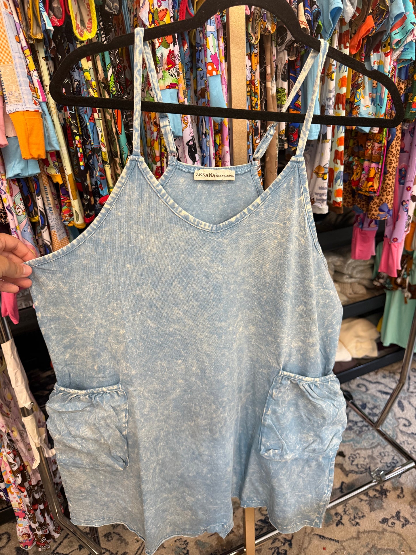 The Bailey Mineral Washed Front Pocket Romper Ice Blue