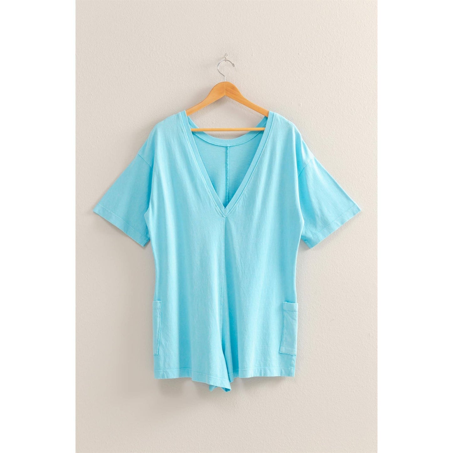 Eloise V-Back Short Sleeve Pocketed Romper - Aqua Blue