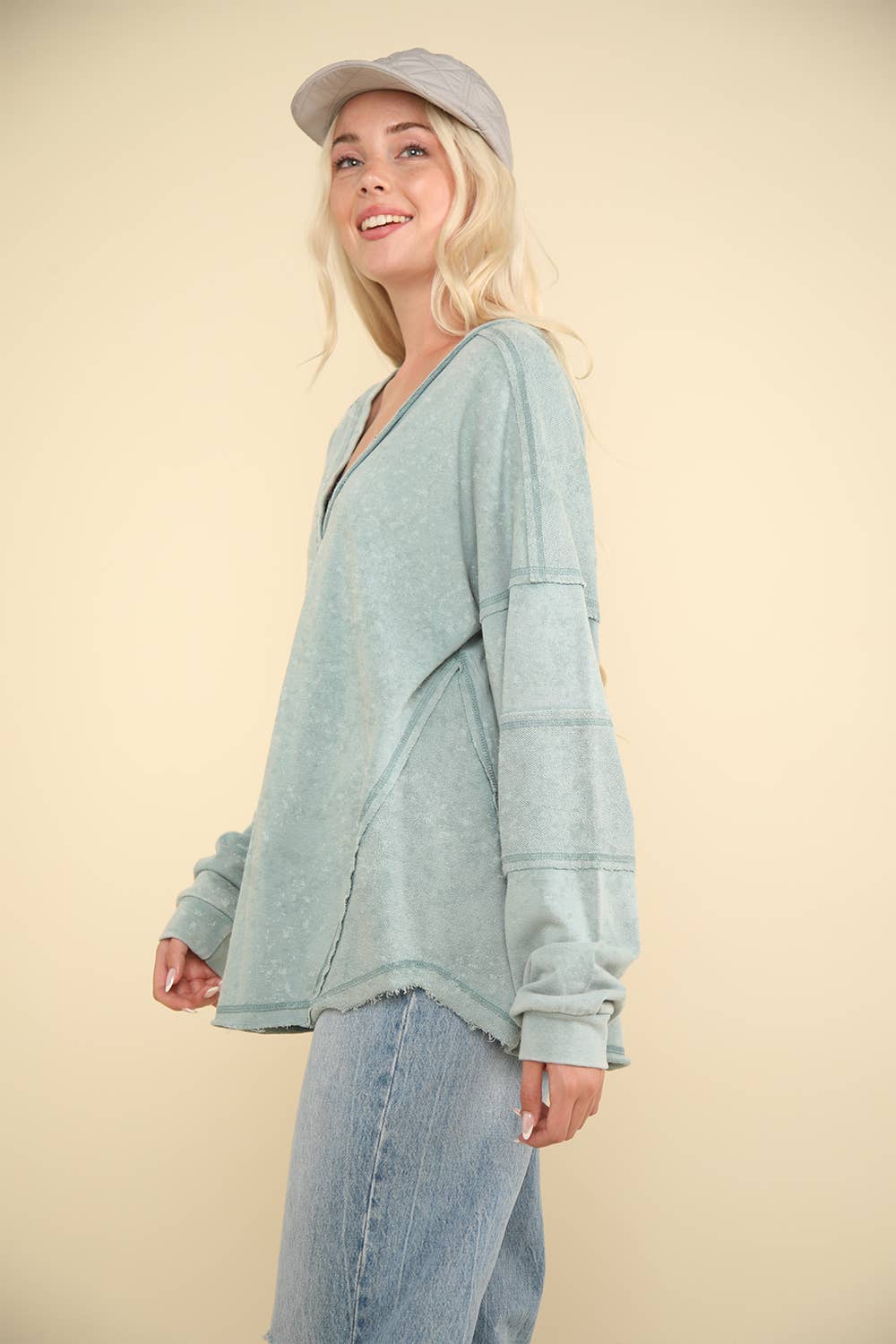 Washed Knit V-Neck Oversized Top