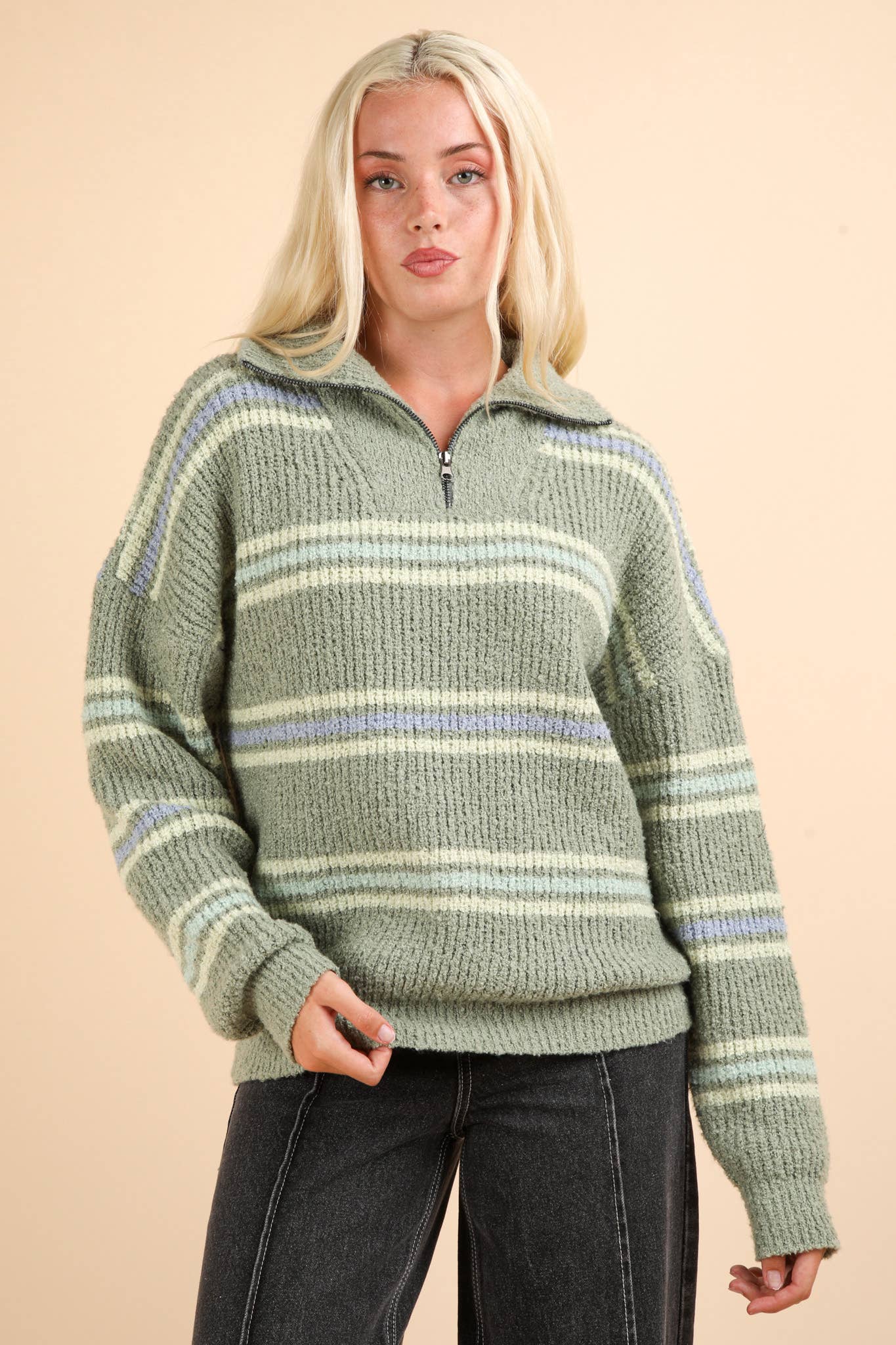 Striped Quarter Zip Up Knit Pullover