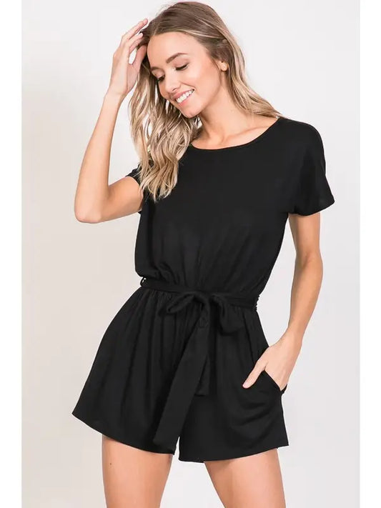 Black Solid Romper with Waist Belt and Keyhole Back