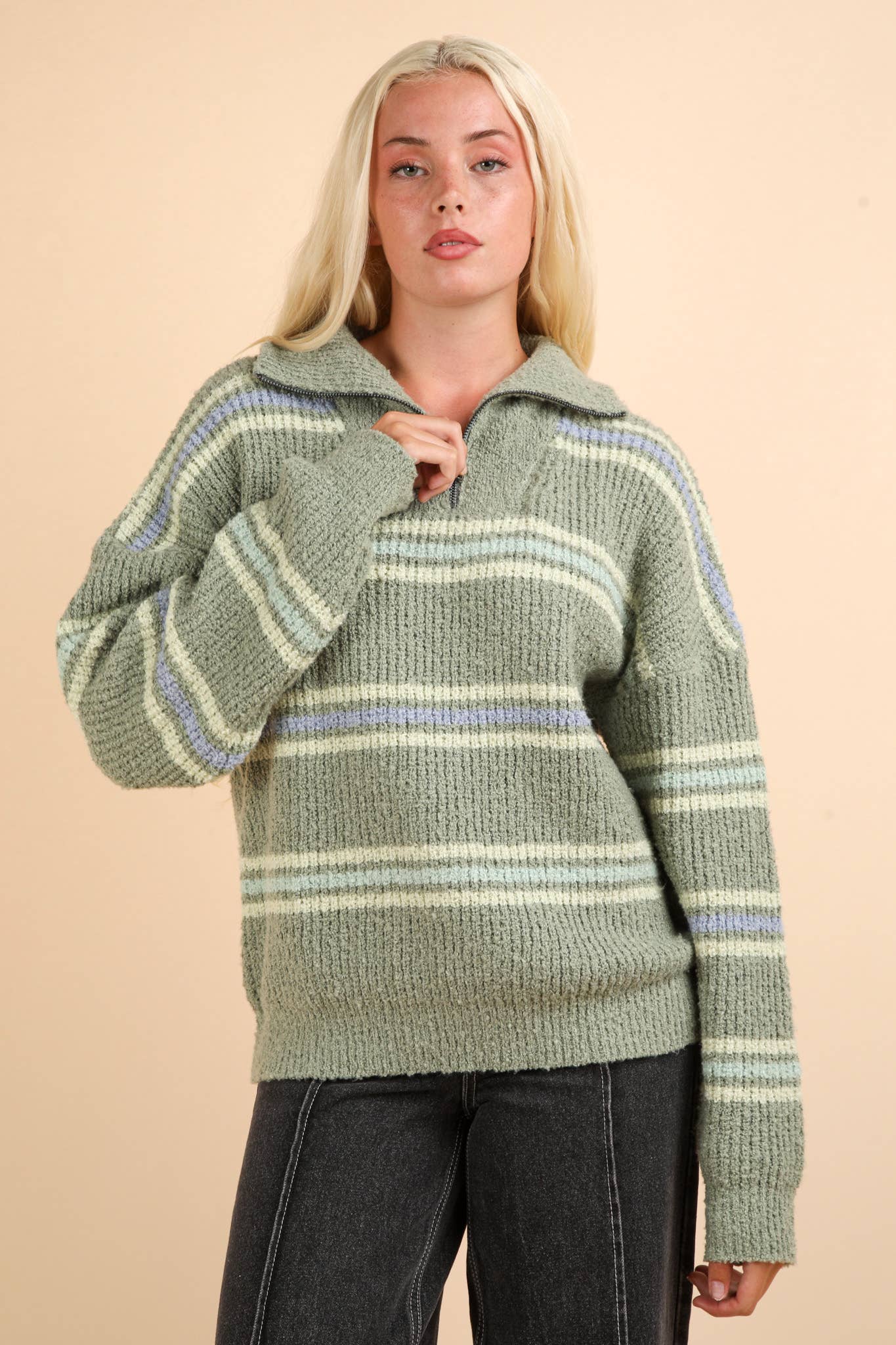 Striped Quarter Zip Up Knit Pullover