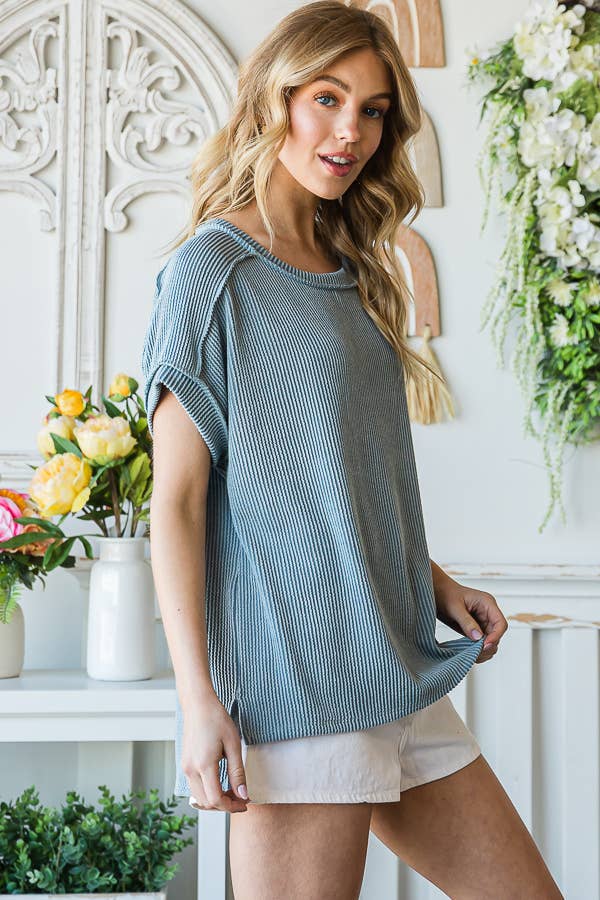 Lillian Ribbed Knit Top - Denim Blue