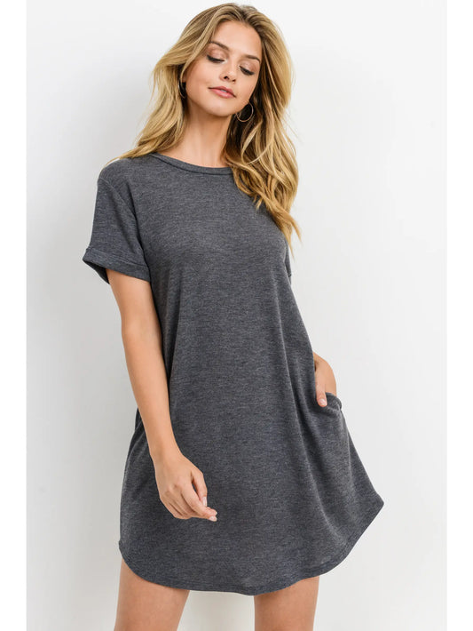French Terry Pocket T Shirt Dress - CHARCOAL