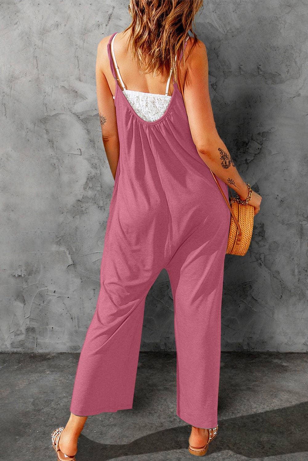 Pink Spaghetti Straps Wide Leg Pocketed Jumpsuits