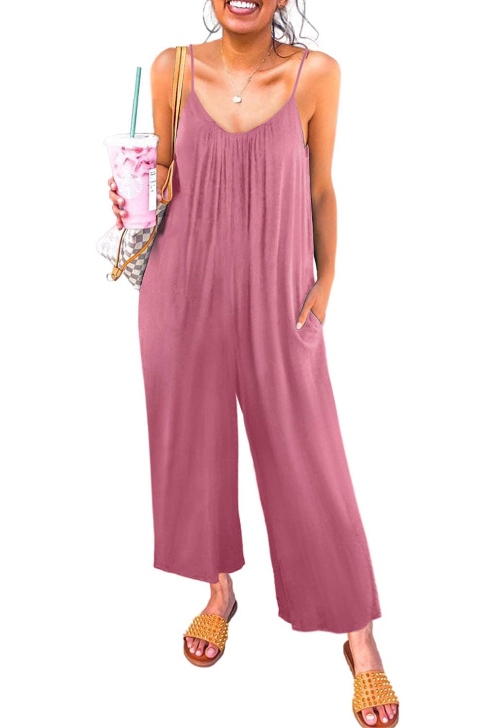 Pink Spaghetti Straps Wide Leg Pocketed Jumpsuits