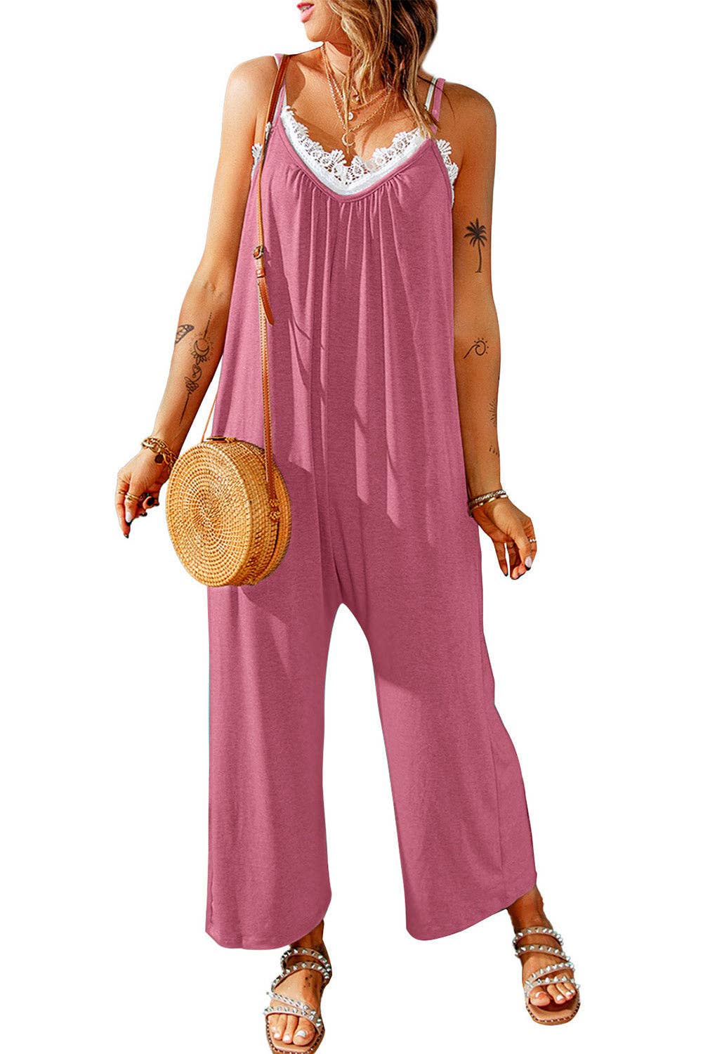 Pink Spaghetti Straps Wide Leg Pocketed Jumpsuits