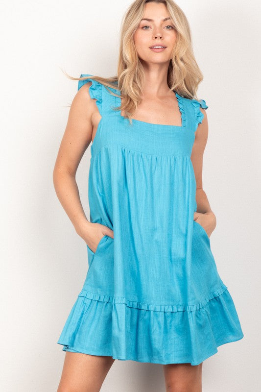 Ruffled Solid Linen Backless Mini Dress