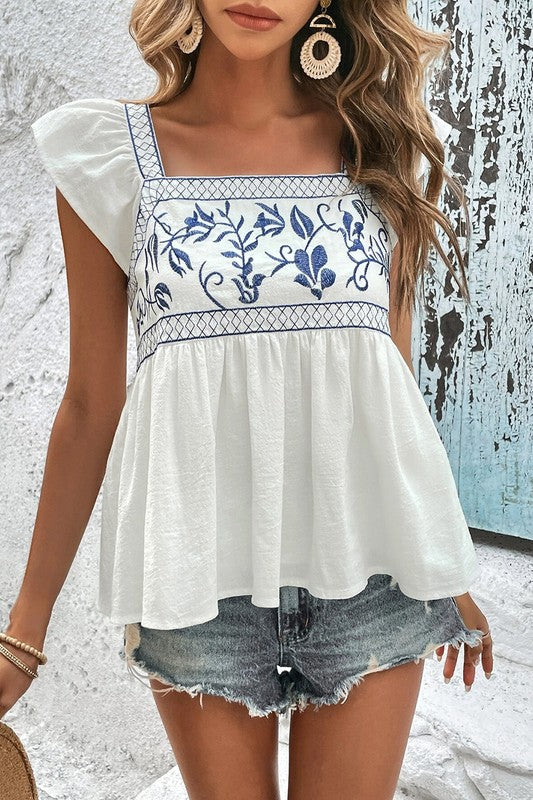 Embroidered Bust Square Neck Peplum Blouse