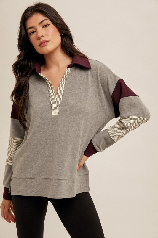 Brushed Jersey Striped Colorblock Pullover