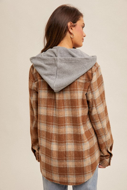 Button Down Plaid Shacket with Hood