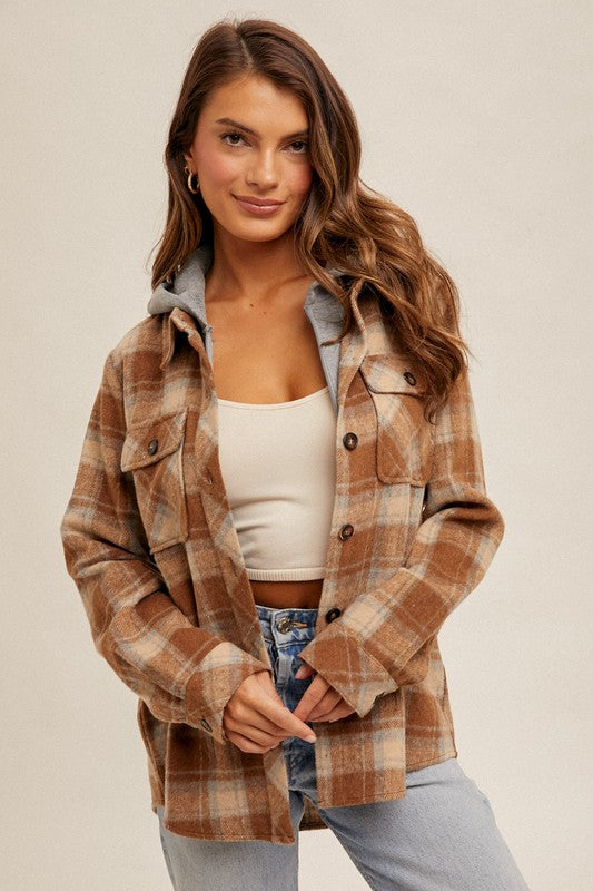 Button Down Plaid Shacket with Hood