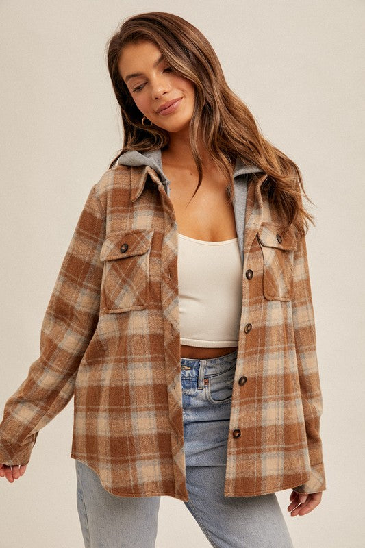 Button Down Plaid Shacket with Hood