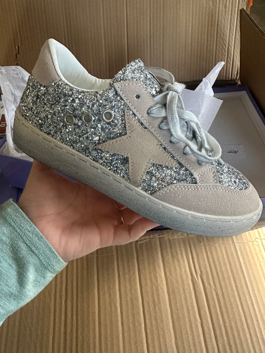 Liliana Silver Star Glitter Distressed Sneakers