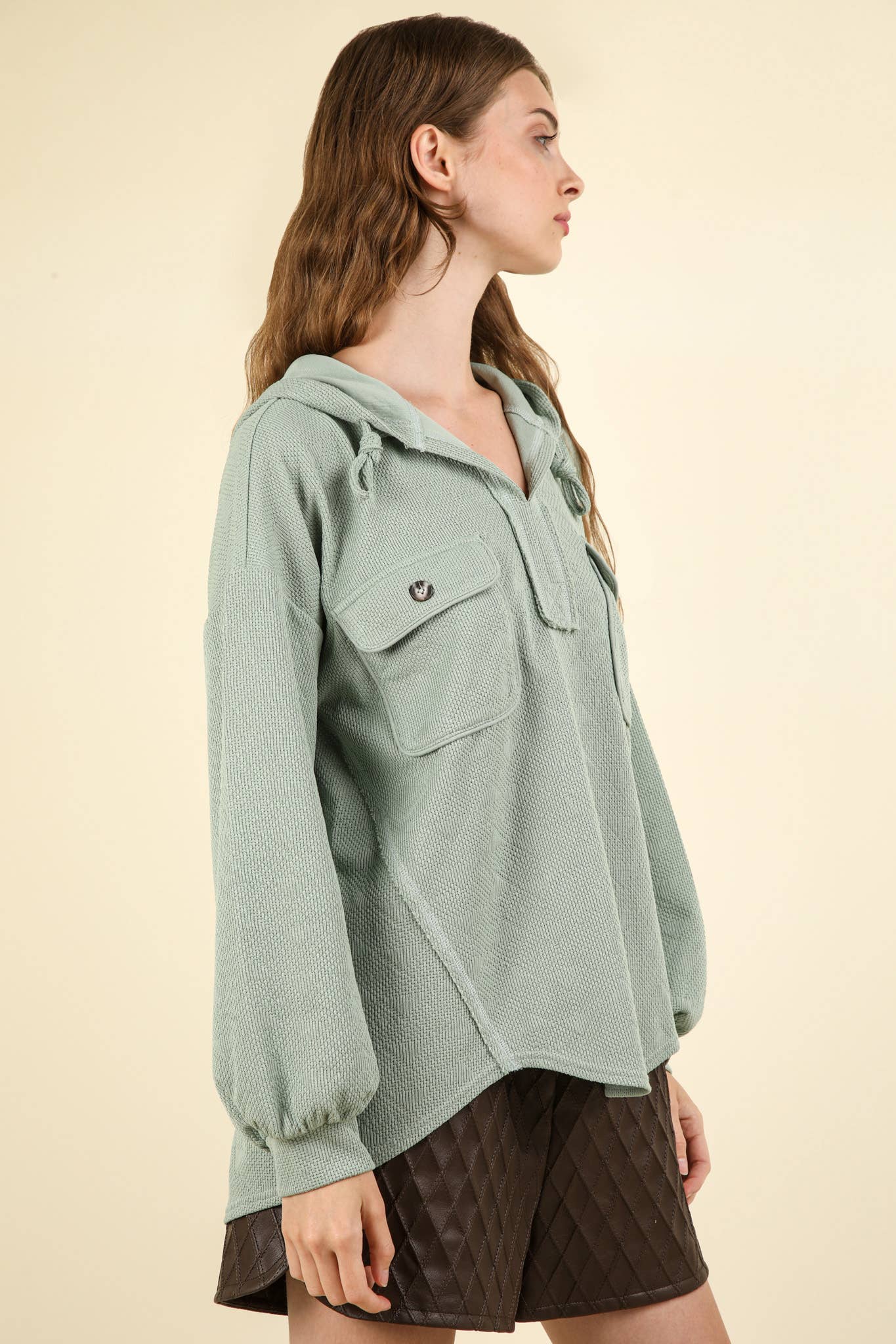 Oversized Hoodie Knit Top W/ Patch Pockets