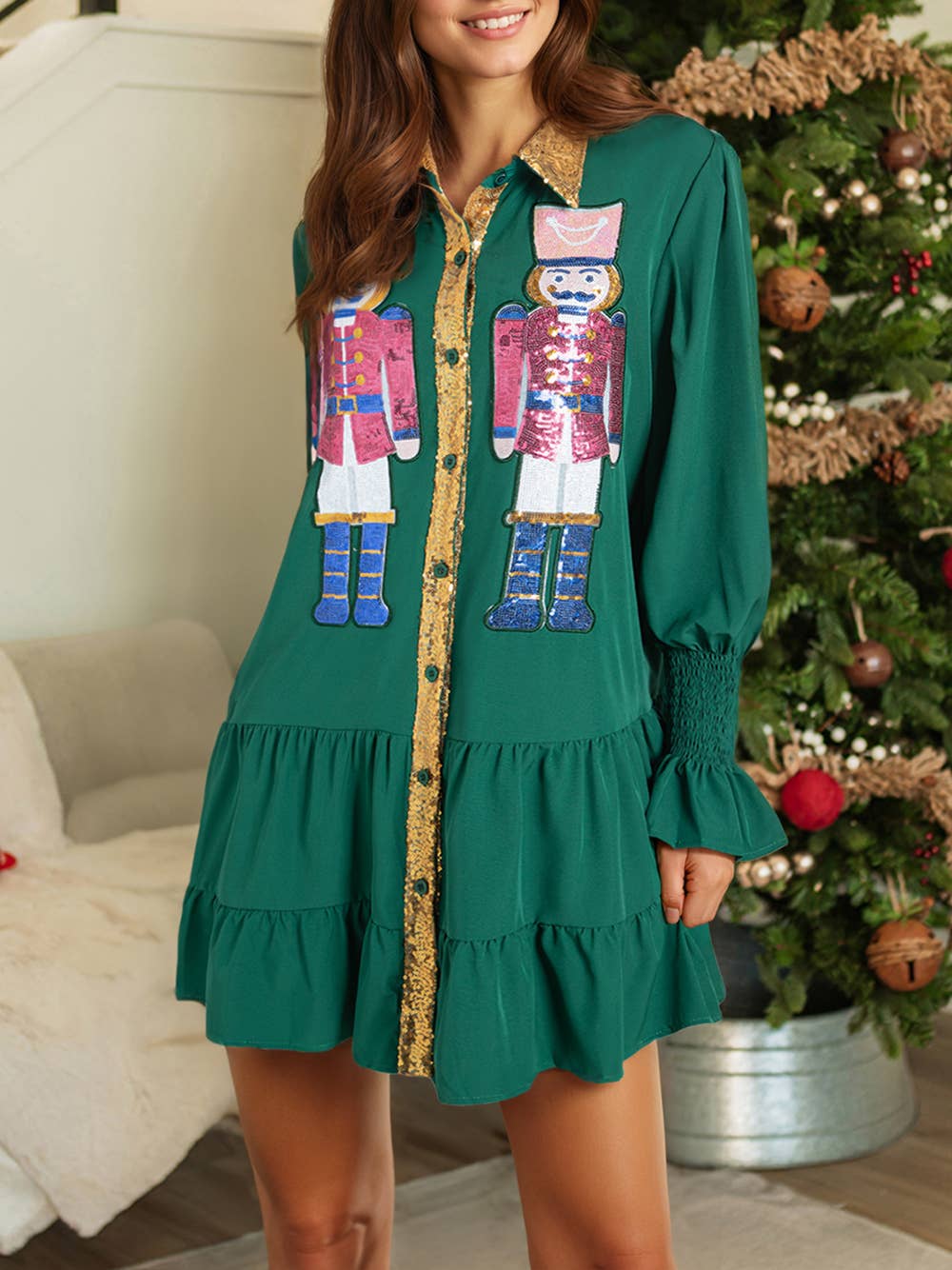 Nutcracker Sequin Button-Down Short Dress