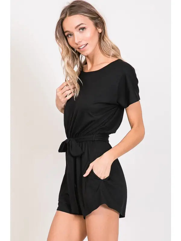 Black Solid Romper with Waist Belt and Keyhole Back