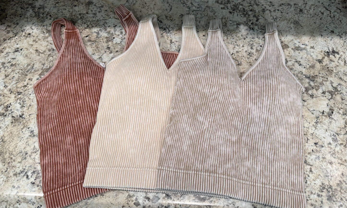 The Lainey Ribbed Knit Stone Washed V-Neck Padded Brami - 3 Colors