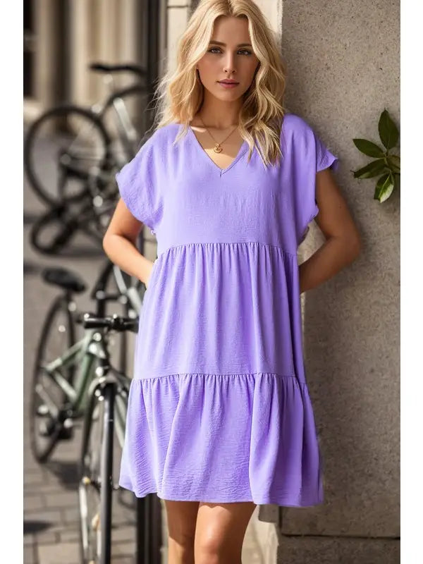 Lavender Solid Tiered Mini Dress