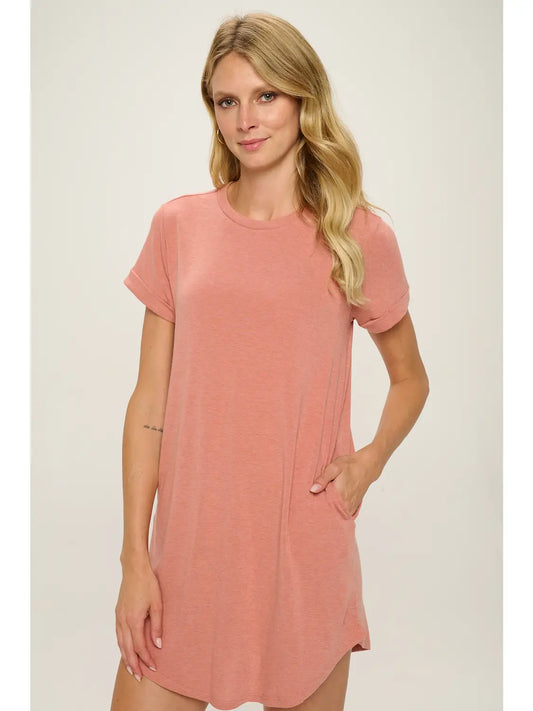 French Terry Pocket T Shirt Dress - BRICK