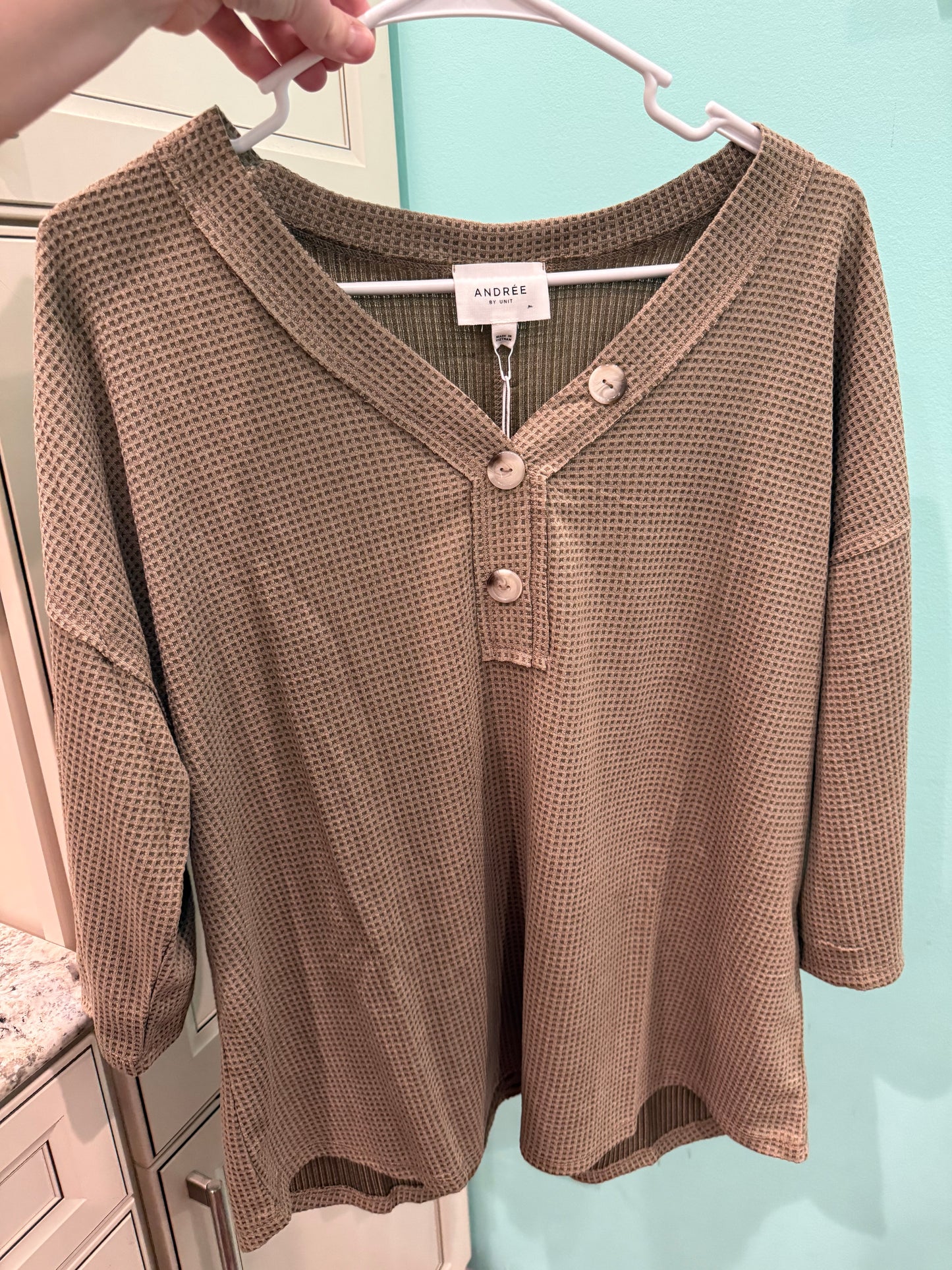 The Ember Waffle Knit 3/4 Sleeve Button Top
