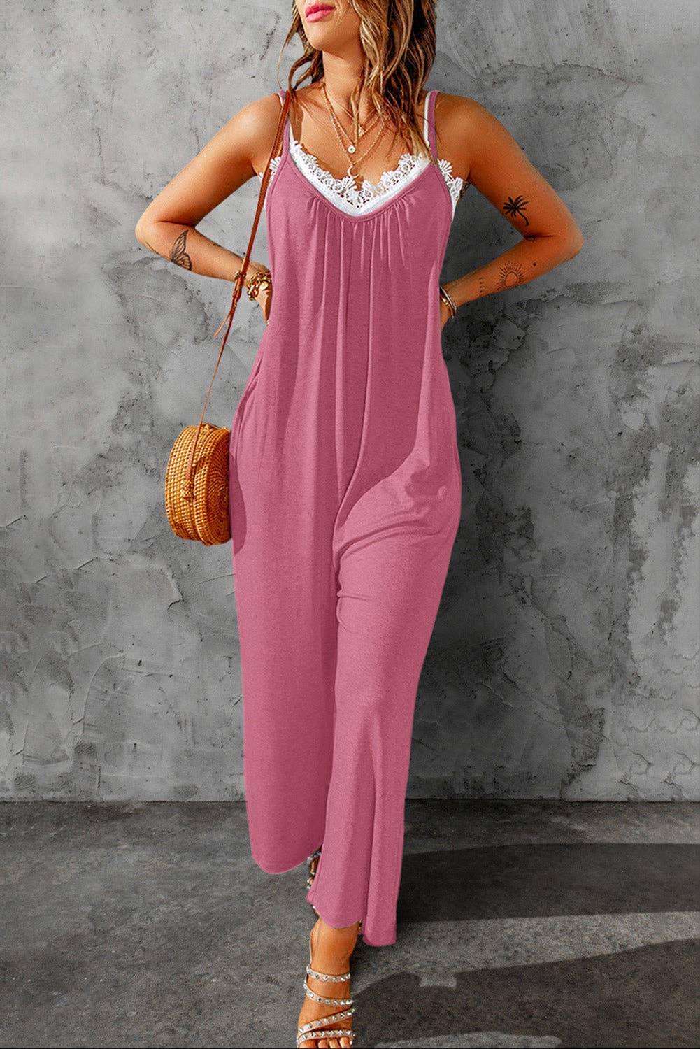 Pink Spaghetti Straps Wide Leg Pocketed Jumpsuits