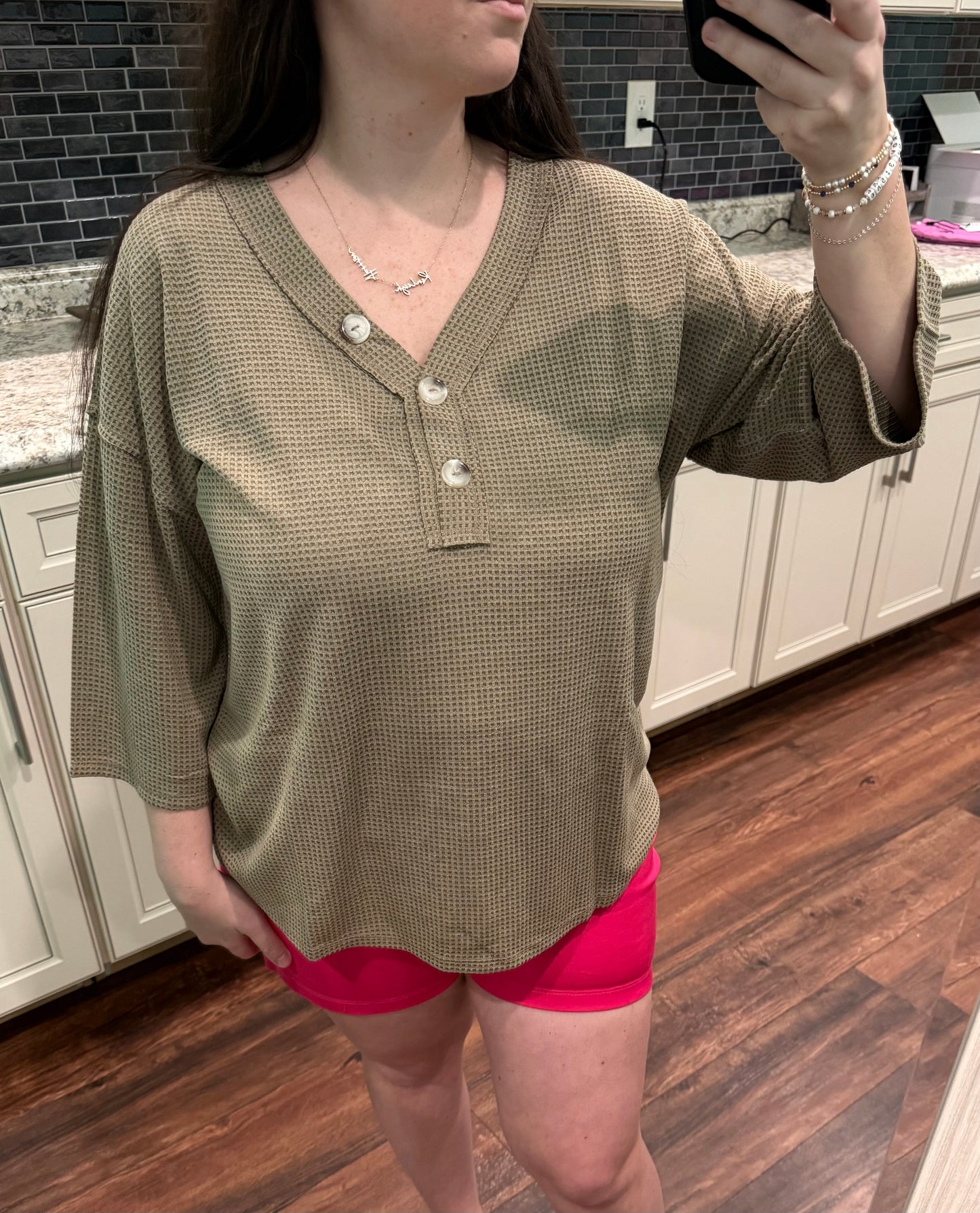 The Ember Waffle Knit 3/4 Sleeve Button Top