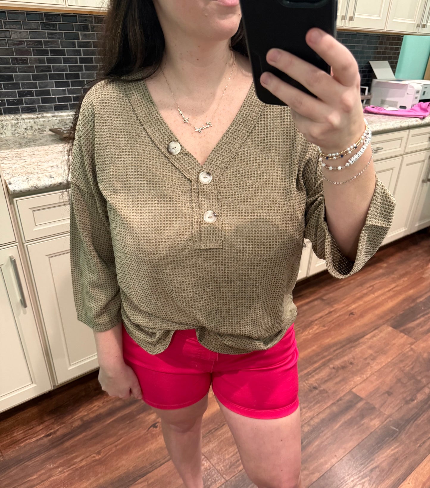 The Ember Waffle Knit 3/4 Sleeve Button Top