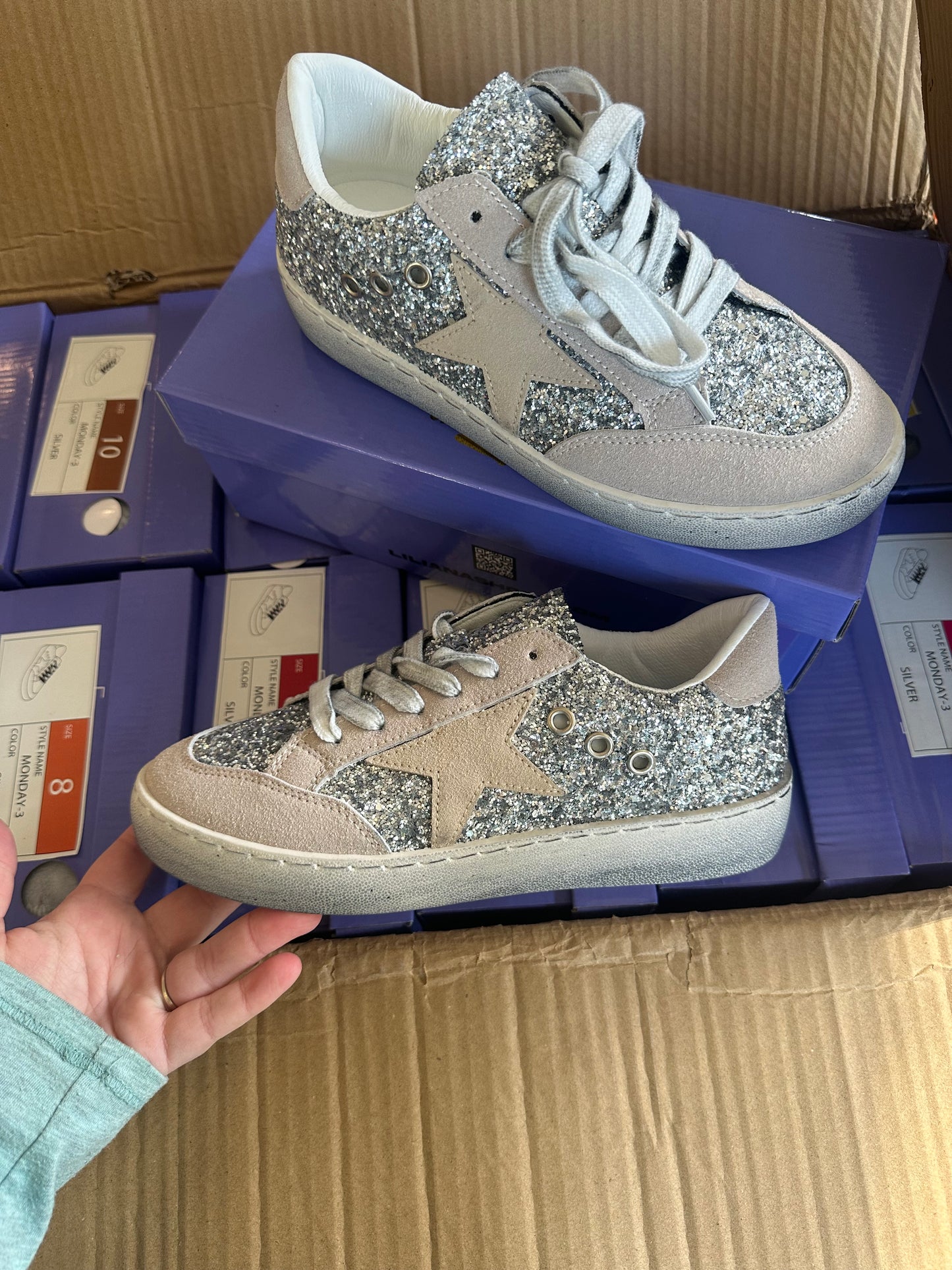 Liliana Silver Star Glitter Distressed Sneakers