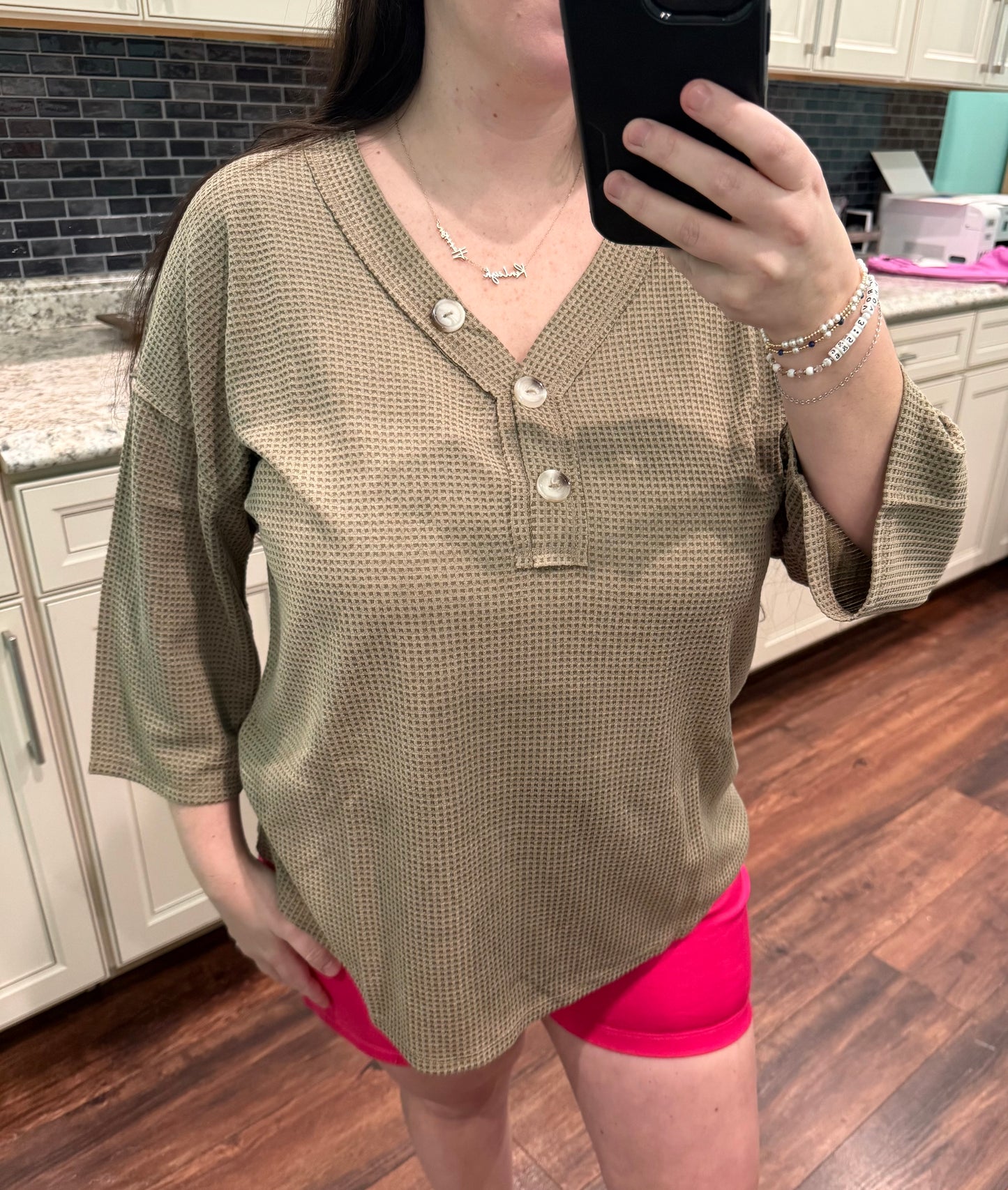 The Ember Waffle Knit 3/4 Sleeve Button Top