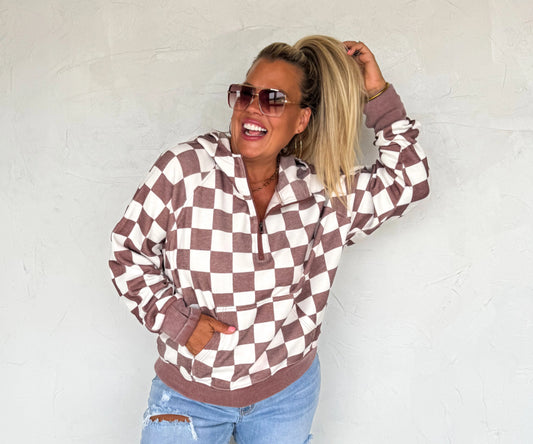 Easy Does It Checkered Quarter Zip Hoodie