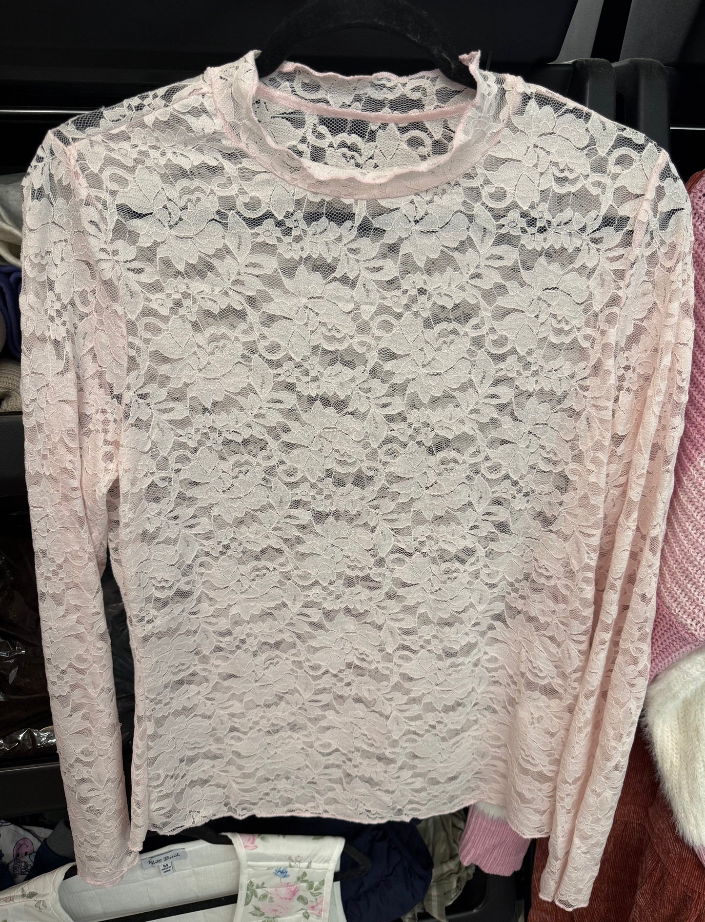 Blush Pink Lace Mock Neck Lace Long Sleeve Top