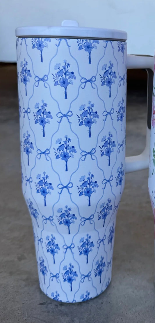 40oz Blue & White Floral Flip Straw Tumbler