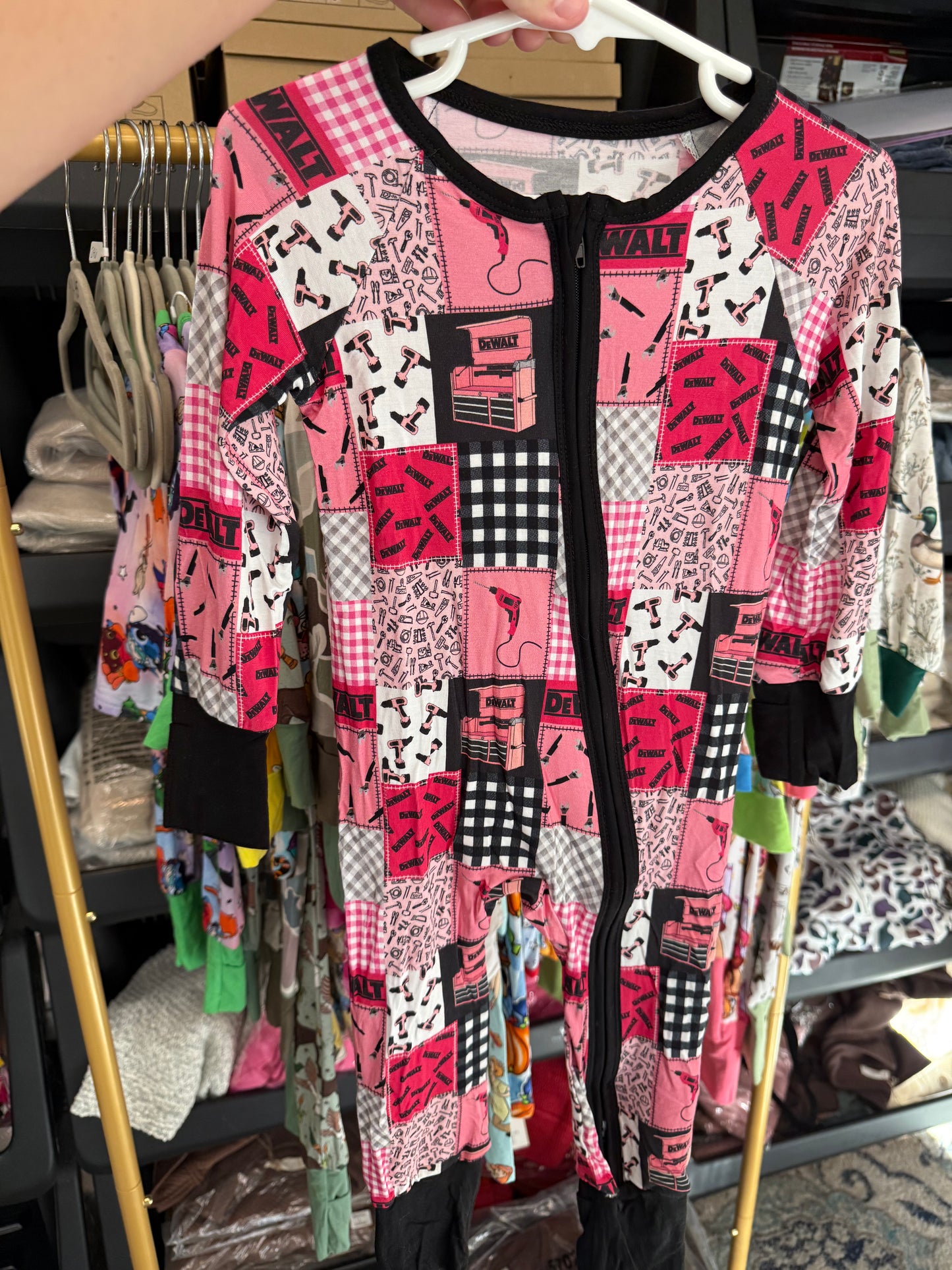 Pink Dewalt Patchwork Zippy & Short Sleeve Pants Set