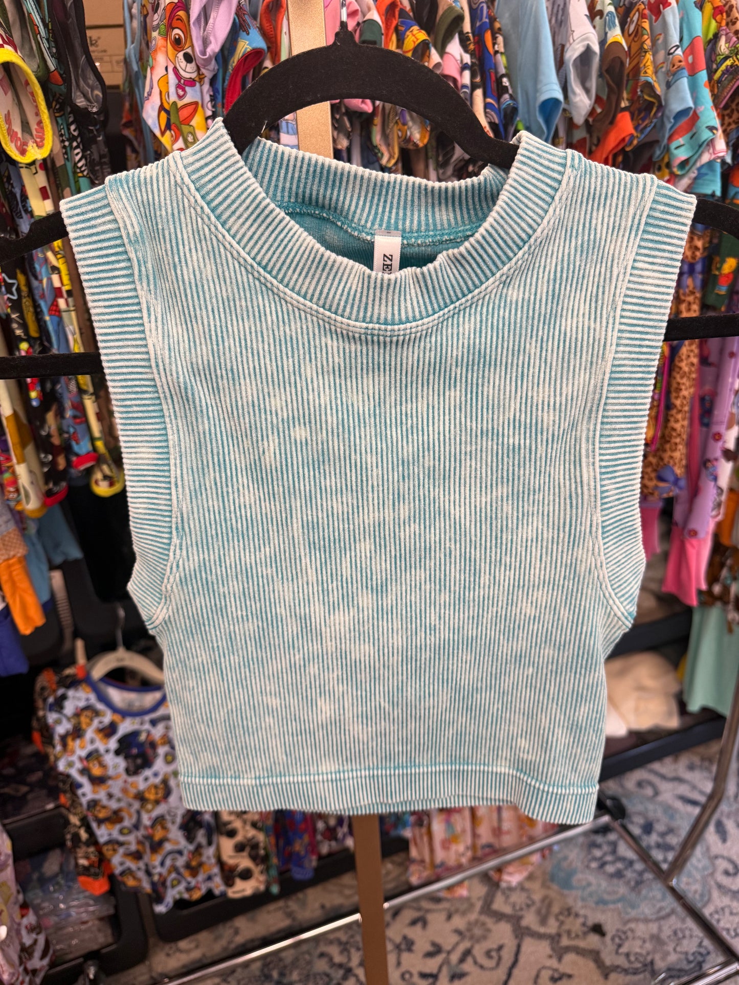 Ice Blue Ribbed Knit Stone Washed Brami