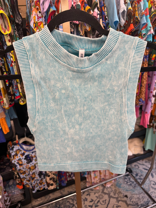Ice Blue Ribbed Knit Stone Washed Brami