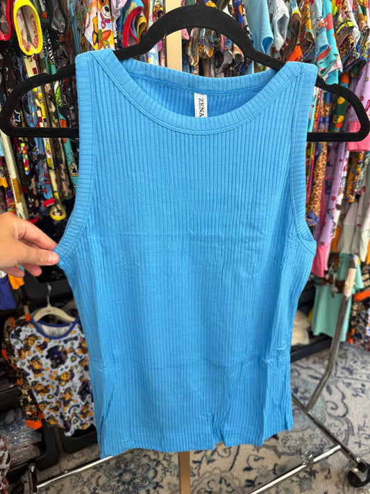 The Lilly Ribbed Knit Basic Tank Spring Blue