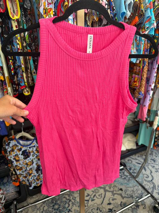 The Lilly Ribbed Knit Basic Tank Hot Pink