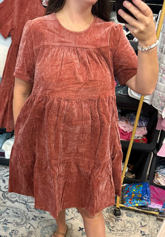 Brick Corduroy Dress - Has Pockets!