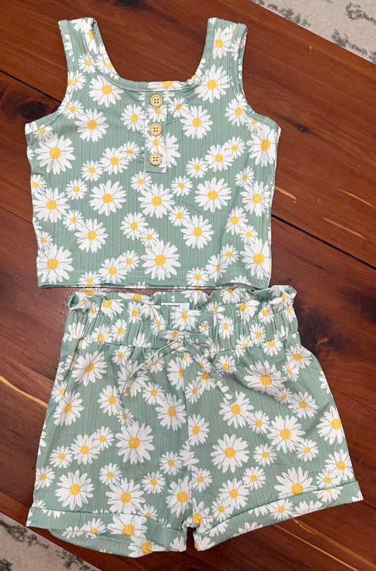 Green Daisy Ribbed 2 Pc Outfit Set