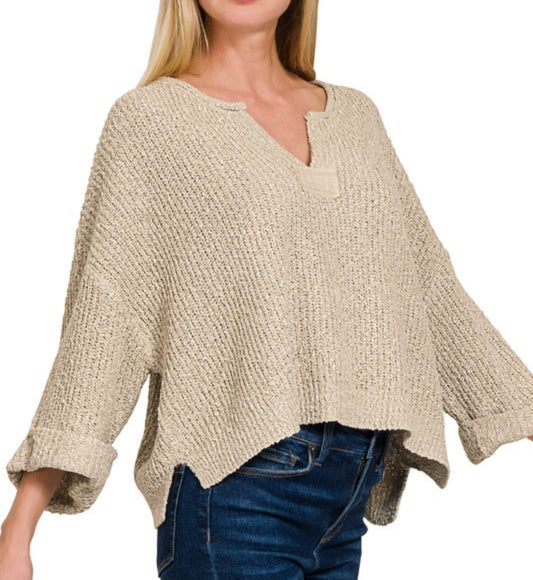 V-Neck Folded Sleeve Sweater Top - Heather Mocha