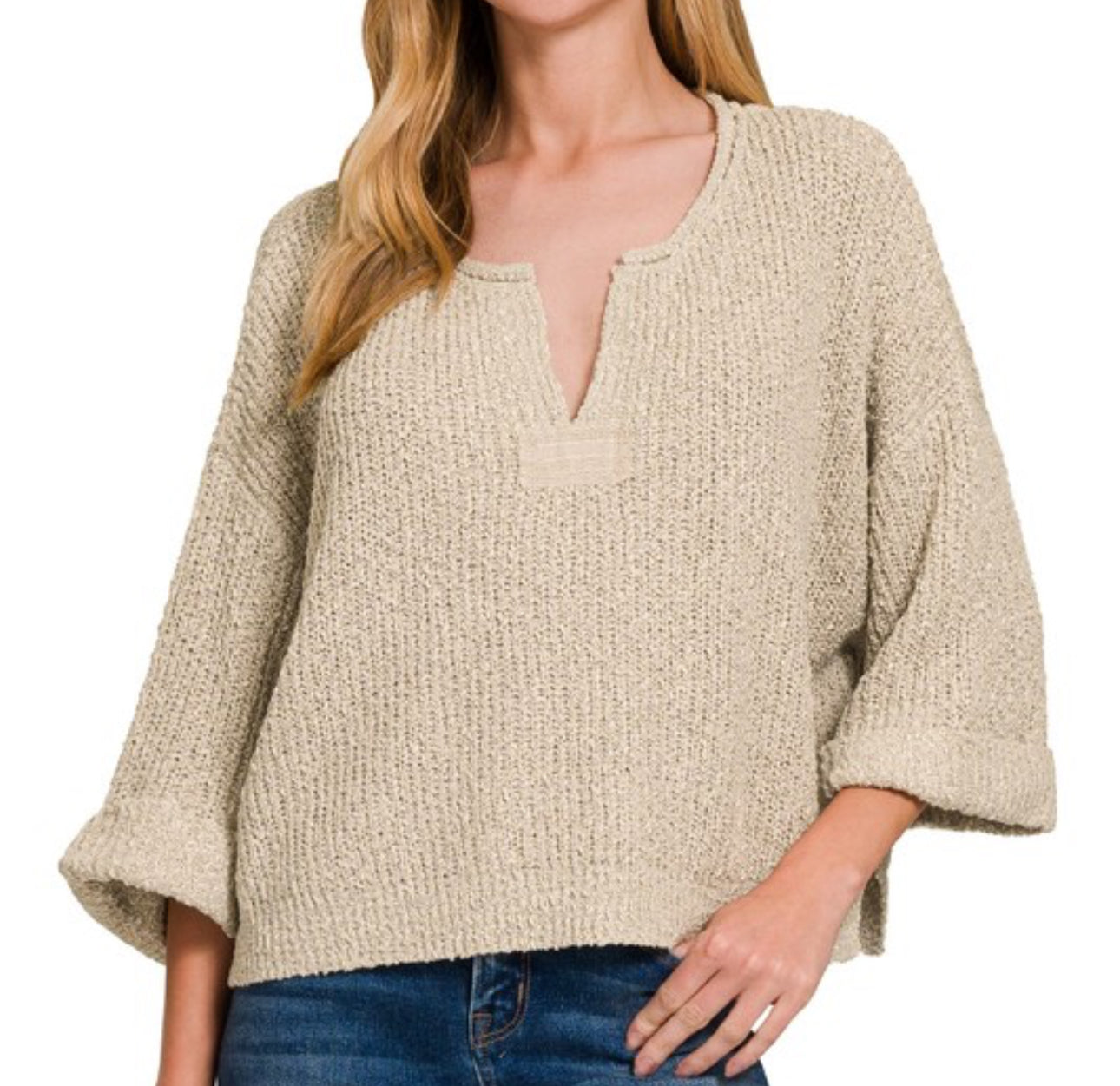 V-Neck Folded Sleeve Sweater Top - Heather Mocha