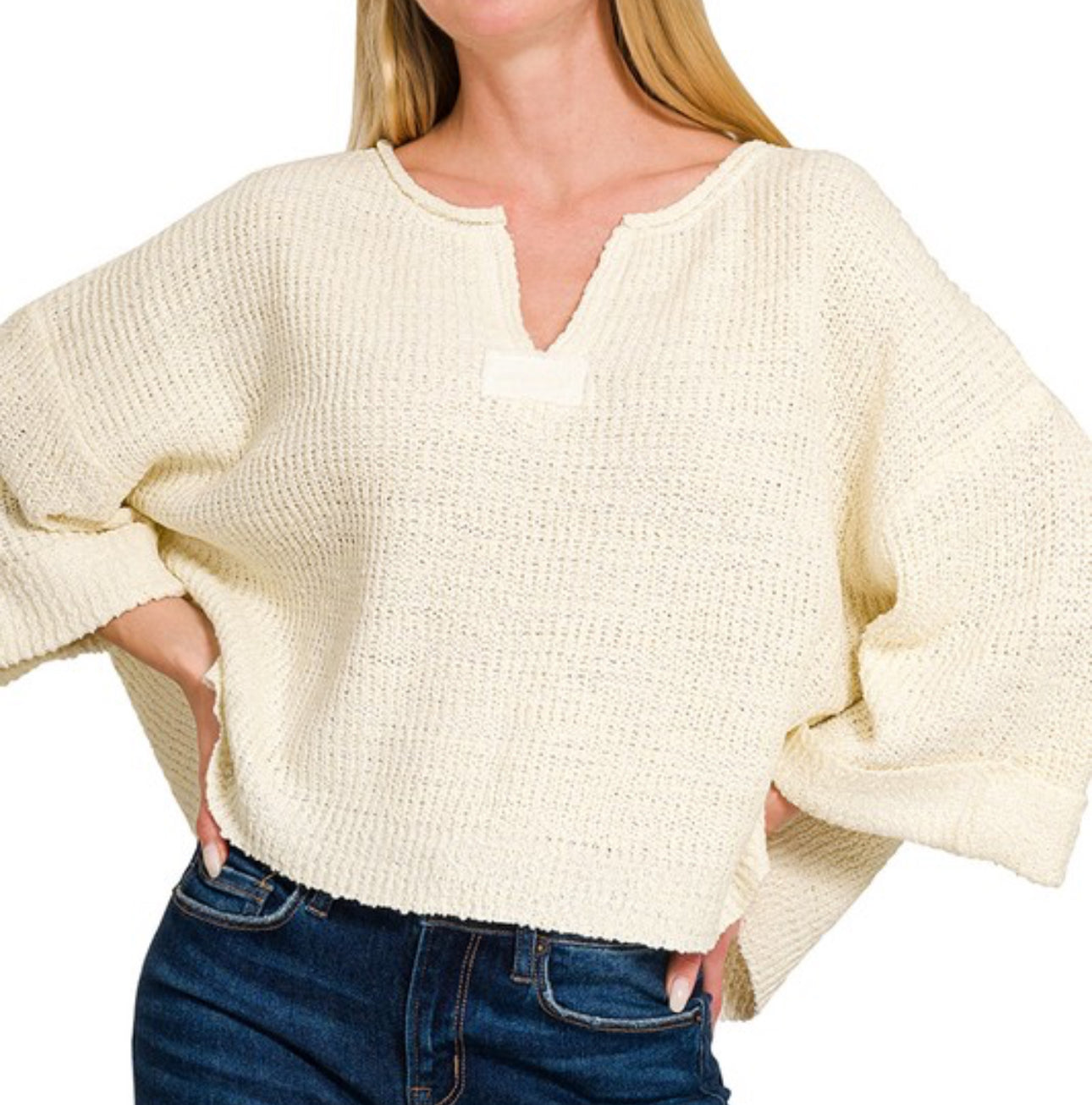 V-Neck Folded Sleeve Sweater Top - Ivory