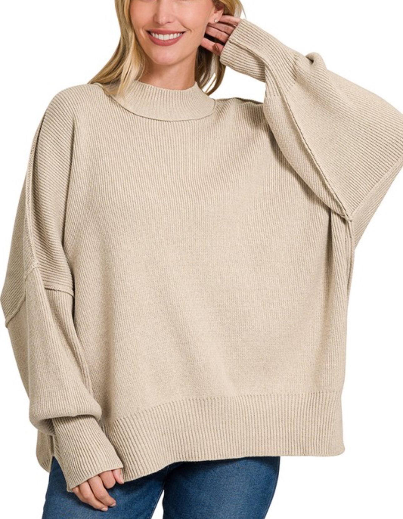 Side Slit Oversized Sweater - Heather Beige