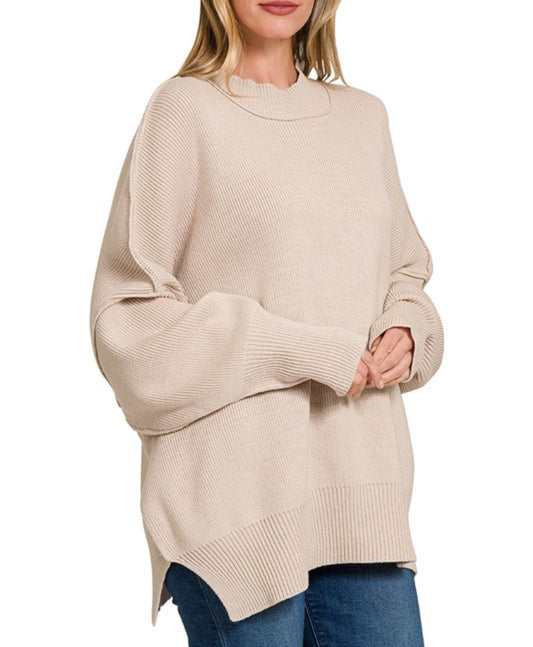 Side Slit Oversized Sweater - Sand Beige