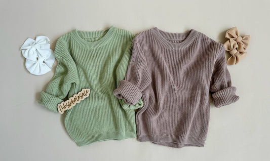 Neutral Oversized Knit Sweater - Green + Mauve