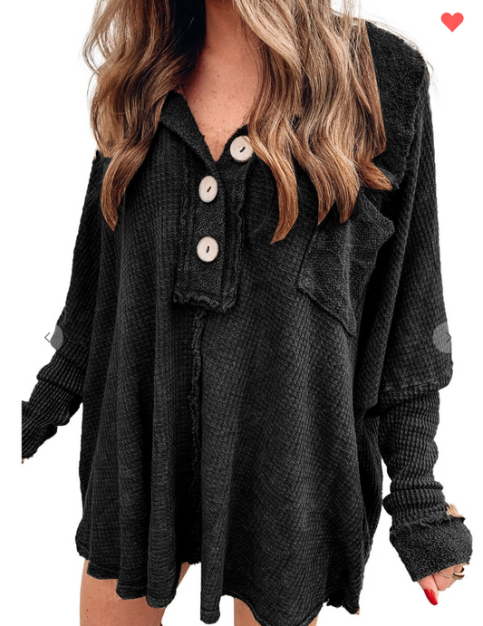 Waffle Knit Buttoned Long Sleeve Top