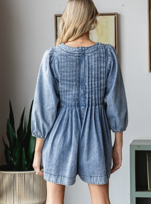 V-Neck Puff Sleeve Denim Romper