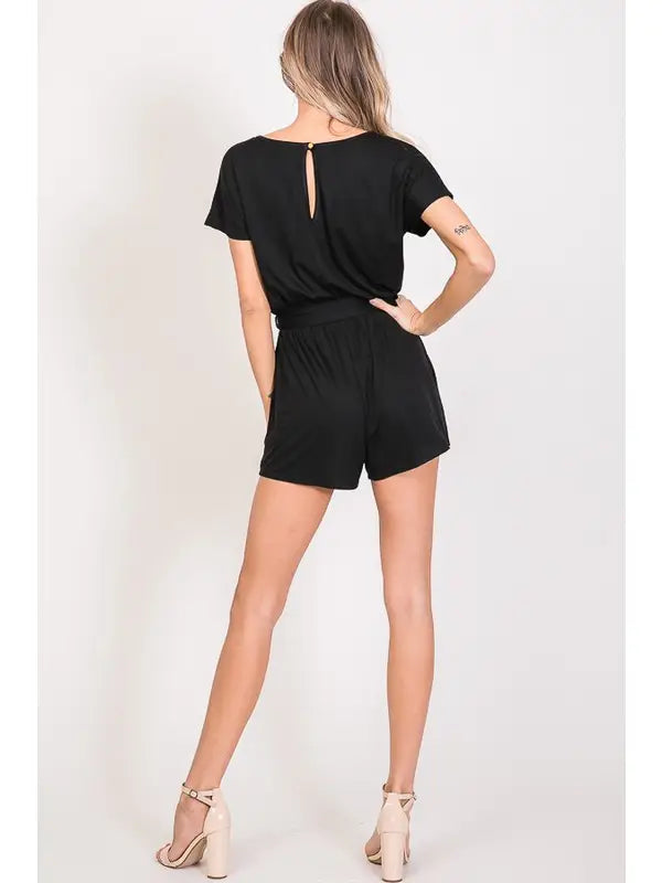 Black Solid Romper with Waist Belt and Keyhole Back