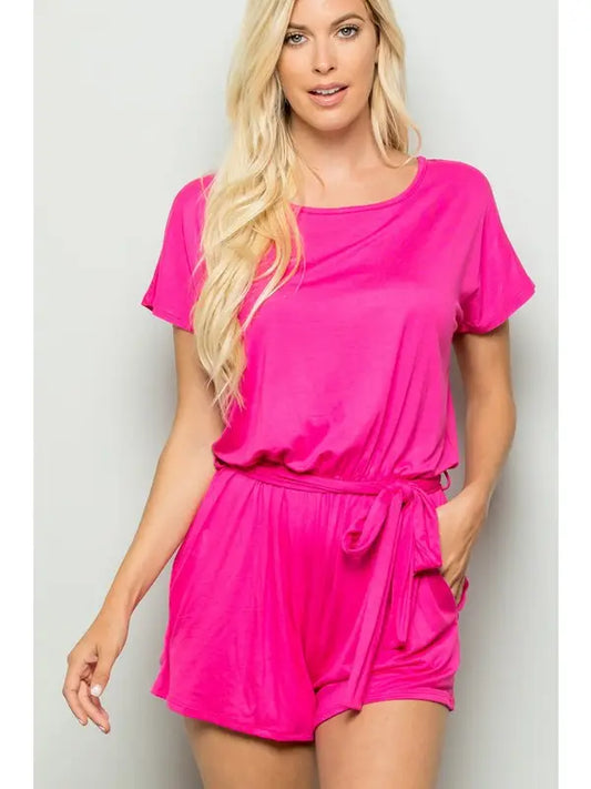 Fuchsia Solid Romper with Waist Belt and Keyhole Back